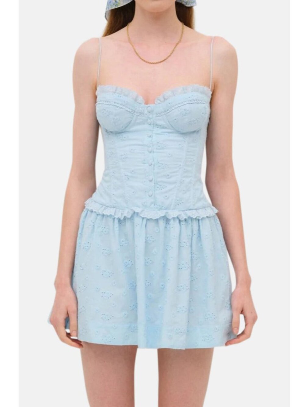 For Love & Lemons Marlowe Eyelet Mini Dress Light Blue